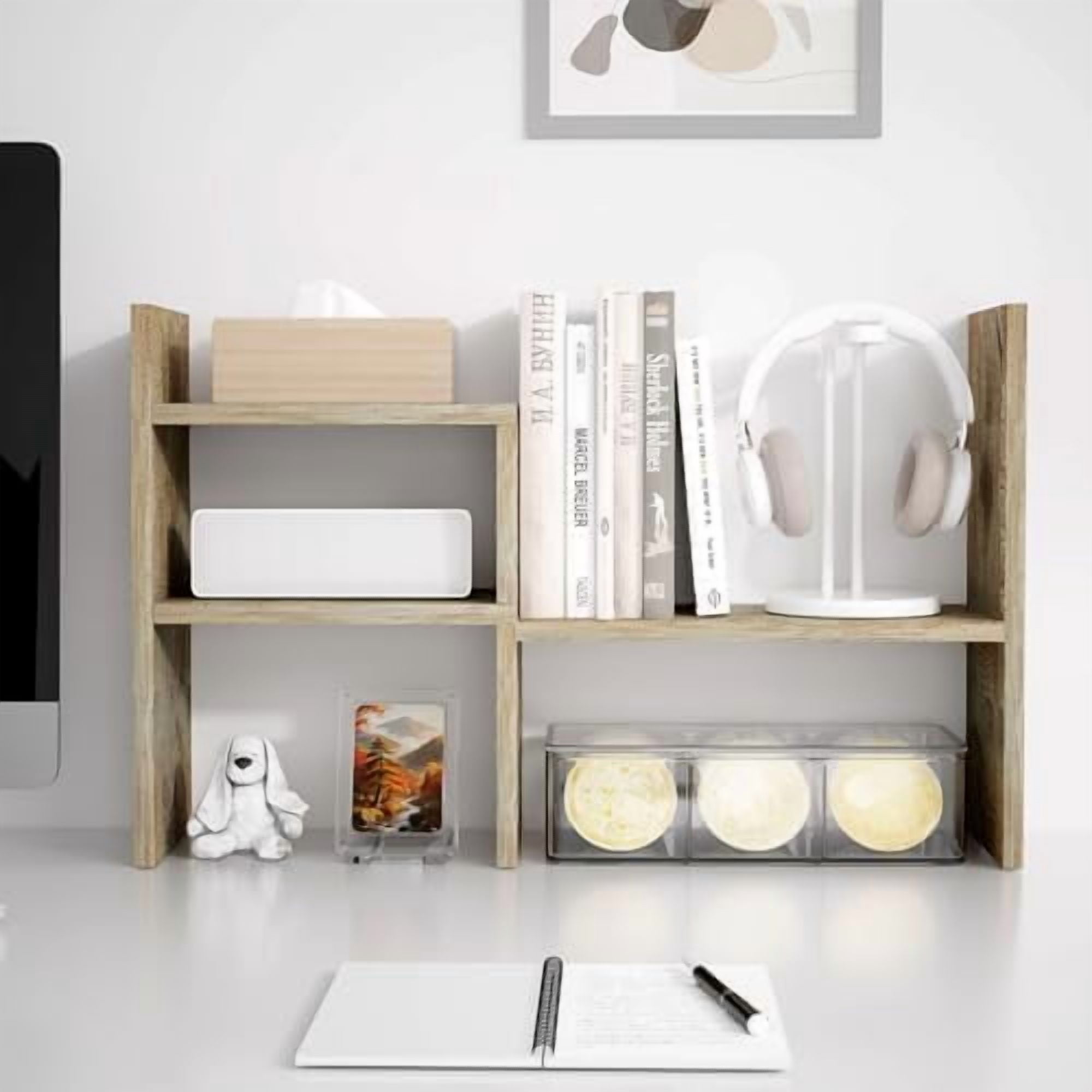 Office Desk Organizers and Accessories for College Dorm Decor, Supplies Wooden Desk Organizer for Plants, Cubicle Shelf of Makeup Organizer for Cute Room Decor, Grey Oak