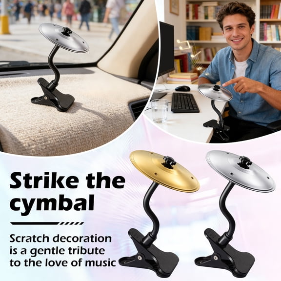 Office Desk Toy Percussion Cymbal with Clip, Fun Mini Instrument for Stress Relief & Coworker Entertainment（Golden）