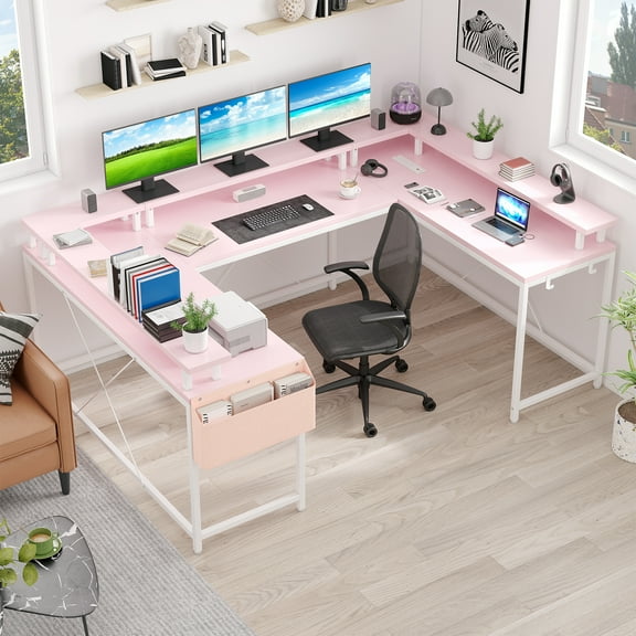 Office Desk,U Shaped Desk with Power Outlets & LED Lights,126" Reversible L Shaped Desk with Monitor Stand and Side Bag,Corner Computer Desk, Office Desks with Storage Shelves
