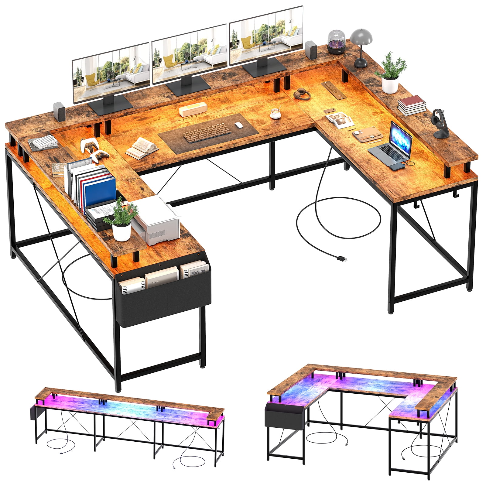 Office Desk,U Shaped Desk with Power Outlets & LED Lights,126" Reversible L Shaped Desk with Monitor Stand and Side Bag,Corner Computer Desk, Office Desks with Storage Shelves