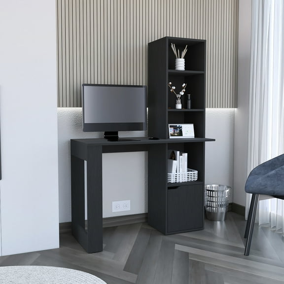 Office Desk With Ample Space: Four Bookcase And Lower Cabinet, Black Hidden