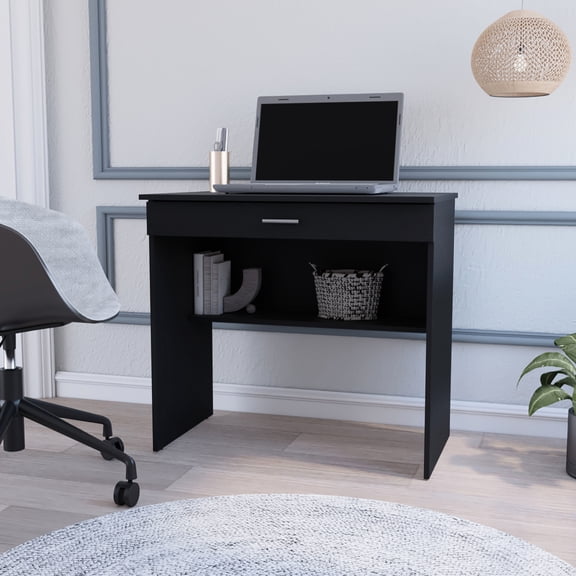Office Desk With Drawer And Shelf - Modern Furniture Black For Space