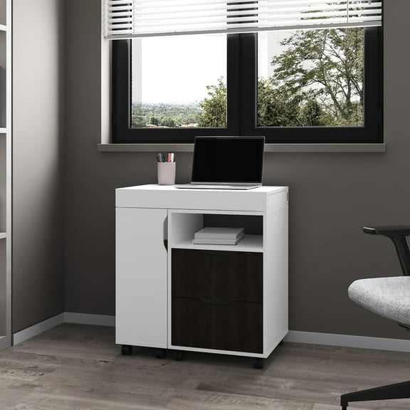 Office Desk With Extendable Workspace, Two Drawers, Open Shelves, Scratch Finish And Transportable Caster Wheels Rectangular Spacious Sliding Design