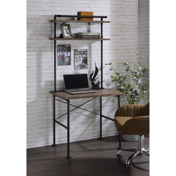 Office Desk With Rectangular Surface And Rustic Metal Accents Spacious For Dining Or Working Oak Black Colors