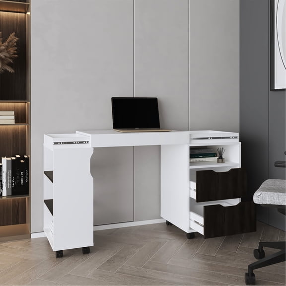 Office Desk With Storage Drawers, Two And Seven Shelves - Dark Walnut 54" Shelves, A Practical Configuration & White