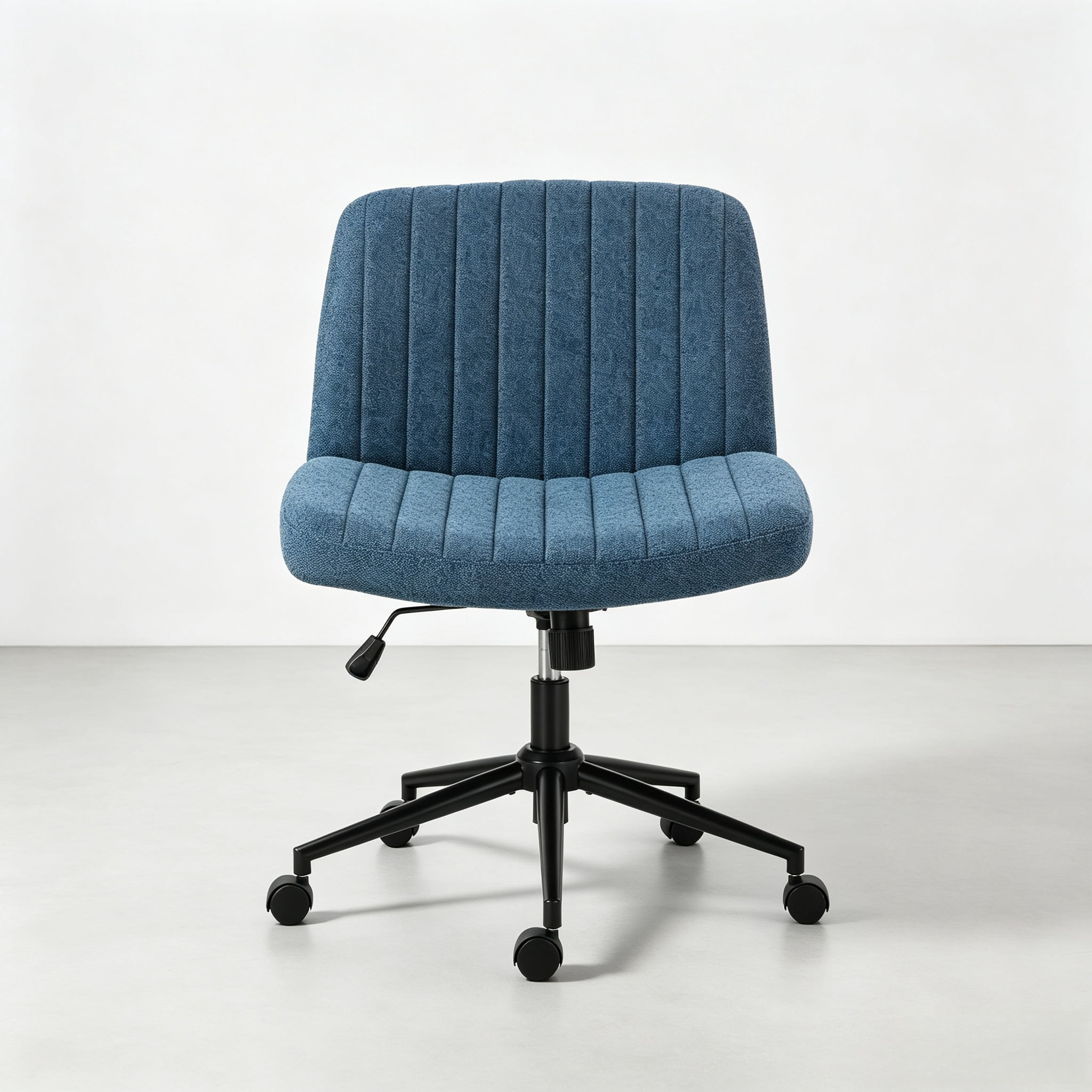 Office Desk and Vanity Chair, Armless Cross-Legged Swivel Task Chair with Wide Fabric Seat, Height Adjustment, and Replaceable Wheels or Fixed Base