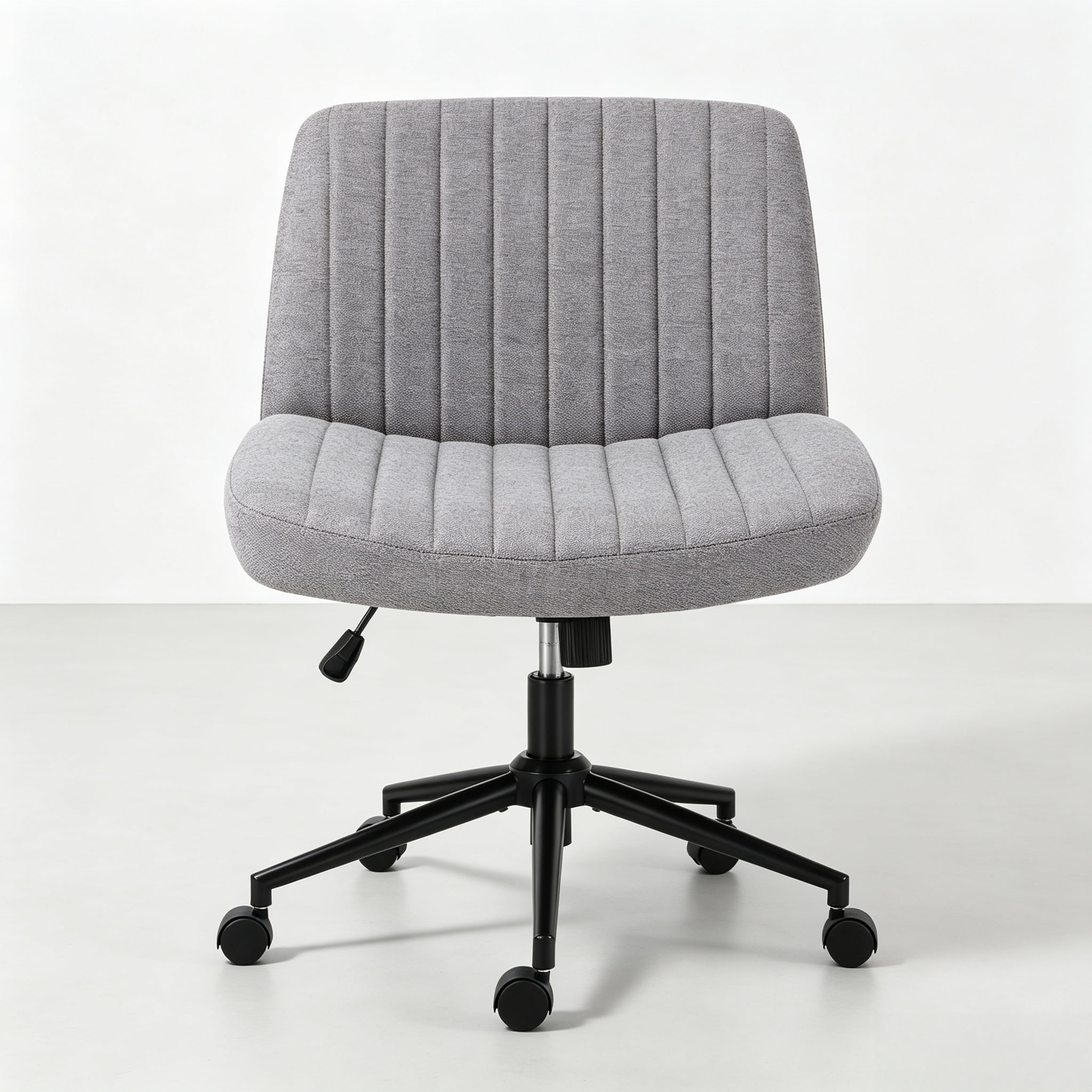 Office Desk and Vanity Chair, Armless Cross-Legged Swivel Task Chair with Wide Fabric Seat, Height Adjustment, and Replaceable Wheels or Fixed Base