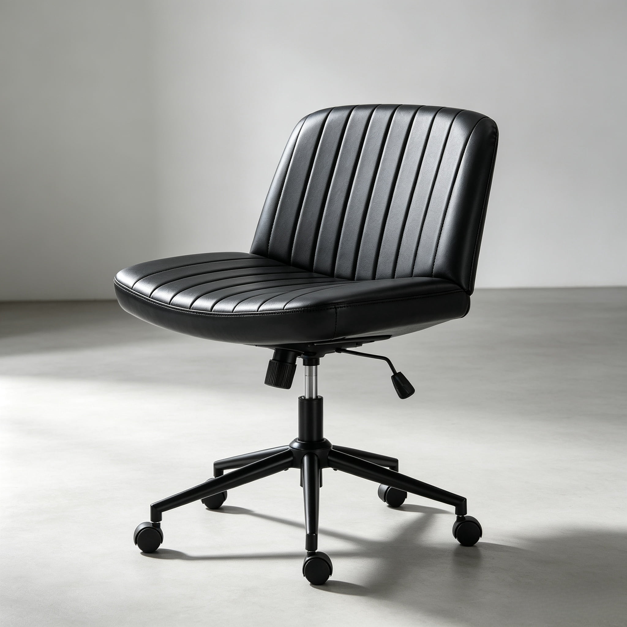 Office Desk and Vanity Chair, Armless Cross-Legged Swivel Task Chair with Wide Fabric Seat, Height Adjustment, and Replaceable Wheels or Fixed Base