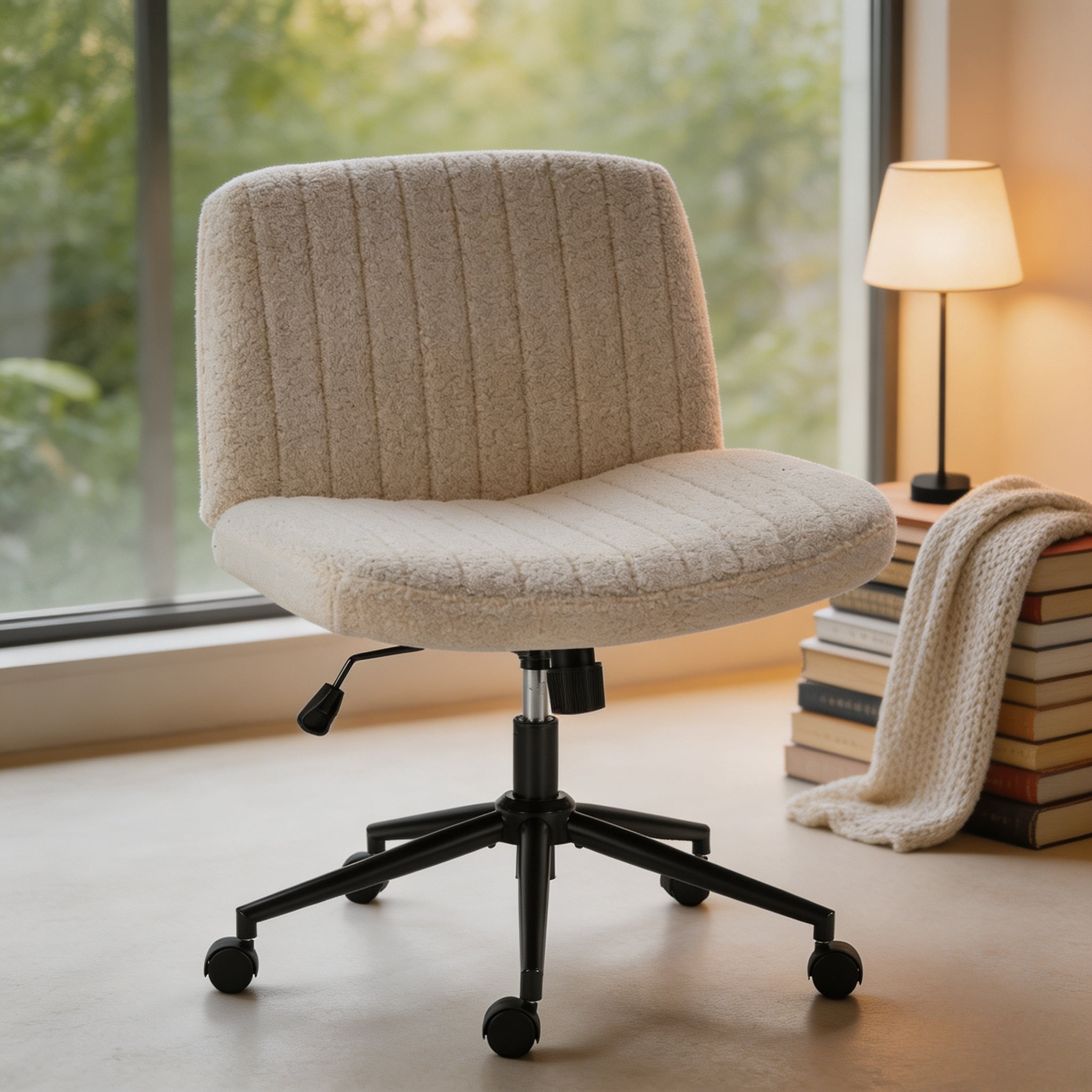 Office Desk and Vanity Chair, Armless Cross-Legged Swivel Task Chair with Wide Fabric Seat, Height Adjustment, and Replaceable Wheels or Fixed Base