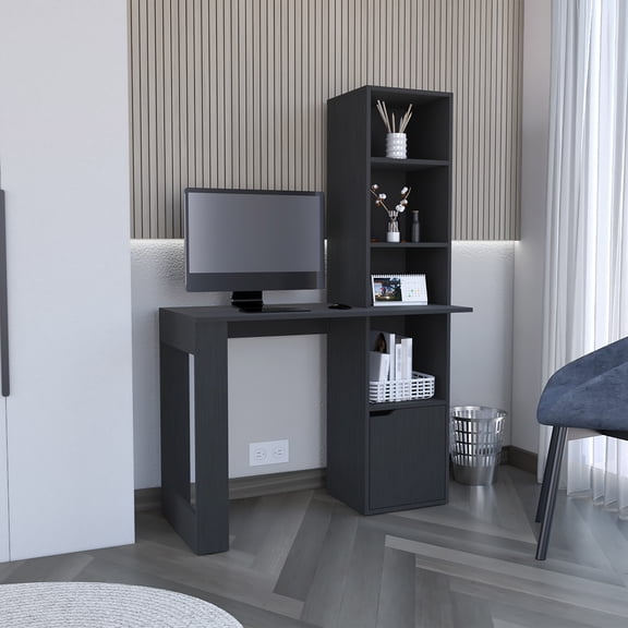 Office Desk with Bookcase and Cabinet, Black Wengue Finish Home Office Desk with 4-Tier Bookshelf and Lower Storage Cabinet, 58.2 Inches Tall