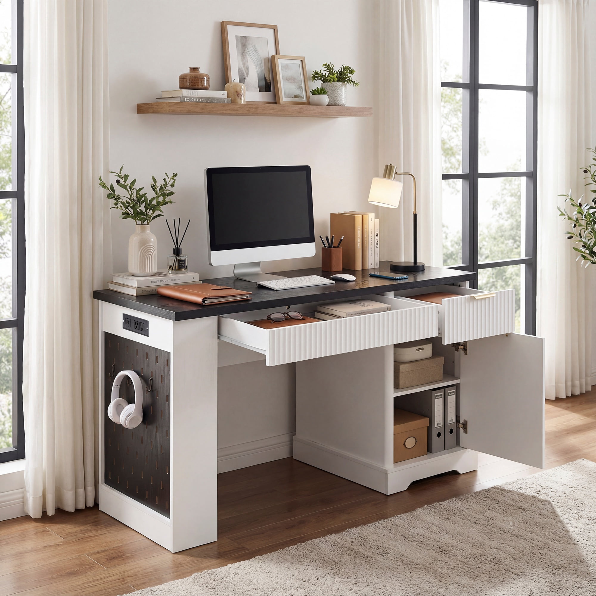 Office Desk with Fluted Design and Storage Cabinet, Modern Computer Writing Desk with Power Outlet and Pegboard for Home Office Study, White