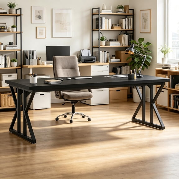Wood Grain Office Desk with Black X-Shaped Metal Legs, Rectangular Computer Writing Desk Workstation for Home Office Study Room, Modern Industrial Style