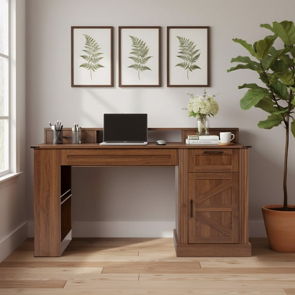 Office Desks 55" Farmhouse Office Desk with Storage Cabinet & Charging Station, Barn Door Design Computer Writing Desk with Keyboard Tray & Pegboard for Study, Living Room, Home Office, Dark Walnut,