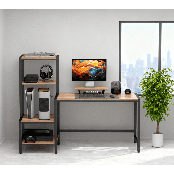 Office Desks CPU Desk with Monitor Stand,Computer Desk,Reversible 4-Tier Shelf, Industrial Writing Desk,Wooden Office Desks