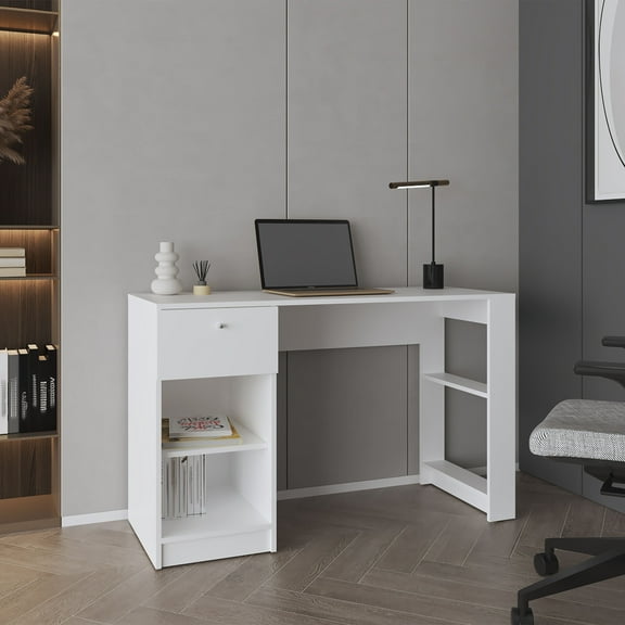 Office Desks, Computer Desk, 1 Drawer, 2 Shelves, White, White Home Office Desks,Engineered Wood Wooden Office Desks, Furniture Office Desks & Work Surfaces Computer Desk, 1 Drawer, 2 Shelves, White