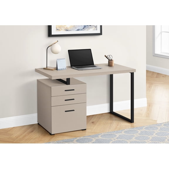 Office Desks Computer Desk, Home Office, Laptop, Left, Right Set-up, Storage Drawers, 48"l, Work, Beige Laminate, Black Metal, Contemporary, Modern,Home Office Desks