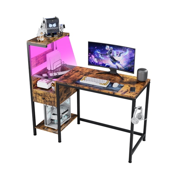 Office Desks Computer Desk with Power Outlet & Storage Shelves, Study Writing Table with USB Ports Charging Station, PC Desk Workstation for Home Office, Brown,Home Office Desks