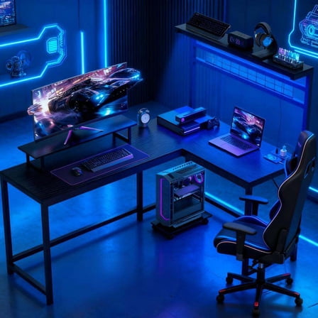 Office Desks Gaming Desk with Monitor Stand and CPU Shelf,L Shaped Gaming Desk with Power Outlets & LED Lights,Wooden Office Desks