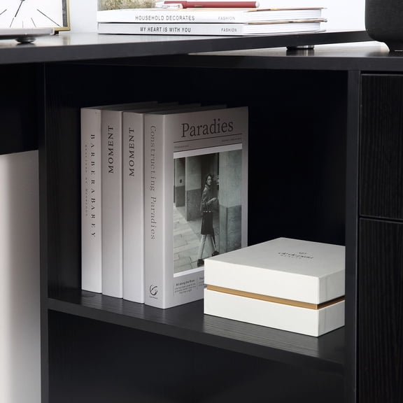 Office Desks L Shaped Computer Desk, 180° Rotating Corner Desk with Storage Shelves, Drawer and Cabinet, Study Workstation for Home Office, Black,Wooden Office Desks