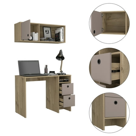 Office Desks Light Oak and Taupe 2-Shelf 3-Drawer 2-Piece Office Set,Home Office Desks