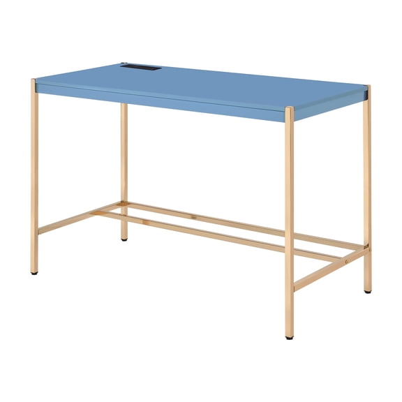 Office Desks, Navy Blue and Gold Writing Desk with USB Ports, Blue+Gold Home Office Desks,Wood+Metal Wooden Office Desks, Furniture Office Desks & Work Surfaces Navy Blue and Gold Writing Desk with U