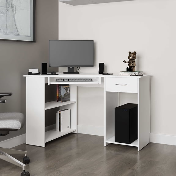 Office Desks White Corner Computer Desk L-Shaped with Drawer and Shelf,Home Office Desks