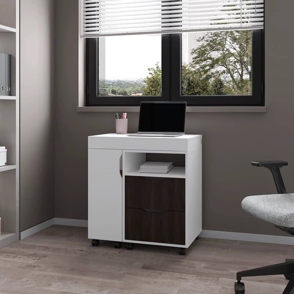 Office Desks White and Stained Walnut 2-Drawer Extendable Desk with Sliding Mechanism,Wooden Office Desks