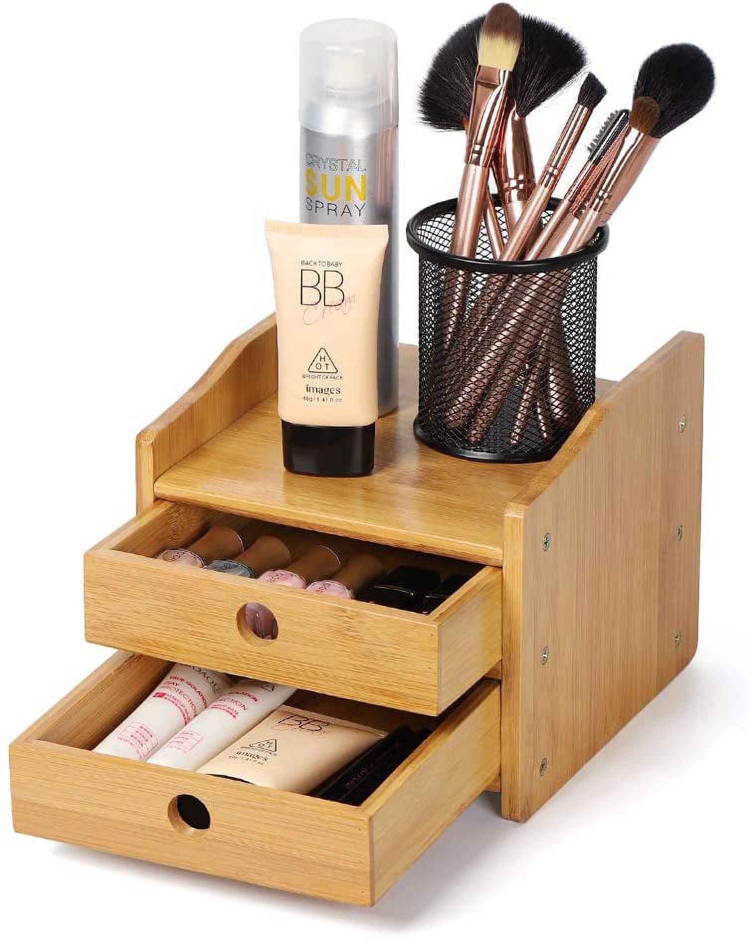 Office Desktop Organizer Bamboo Countertop Storage Shelf with 2 Drawers for Office Supplies