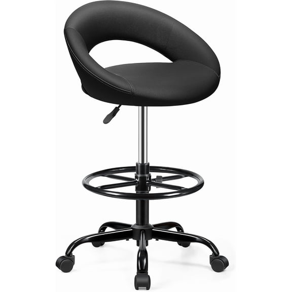 Office Drafting Chair - Bar Stools with Back Support, Adjustable Foot Rest and Wheels, Shop Rolling Swivel for Standing Desk Counter Kitchen Salon Home Vanity, Black