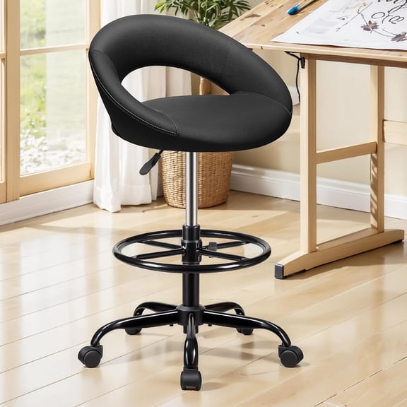 Office Drafting Chair - Bar Stools with Back Support, Adjustable Foot and Wheels, Shop Rolling Swivel Chair for Standing Desk Counter Kitchen Salon Home Vanity, Black