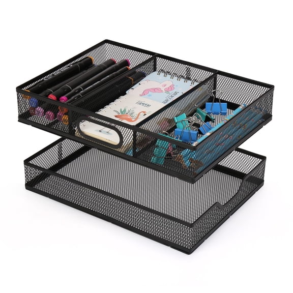 Office Drawer Organizer, 2 Pack Metal Mesh Desk Draw Divider, Versatile Desktop Organizer Tray to Keep Supplies Tidy and Easy to Access, Stackable A4 Paper Holder Tray