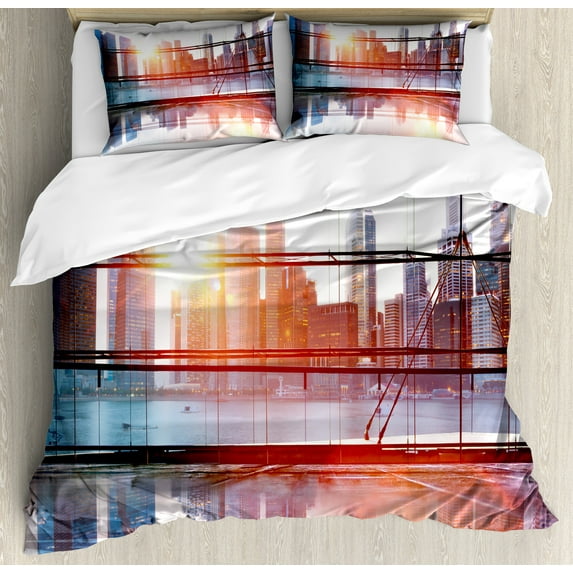 Office Duvet Cover Set, Modern City View with Skyscrapers Vibrant Sunset River Empty Place Art, Decorative 3 Piece Bedding Set with 2 Pillow Shams, Queen Size, Black White and Orange, by Ambesonne