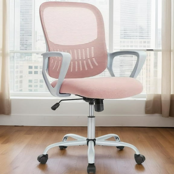 Office Ergonomic Desk Chair, Mesh Comfy Computer Work Chair with Armrests and Adjustable Lumbar Support, Rolling Swivel Executive Task Chair for Home Office, Adults and Teens (Pink)