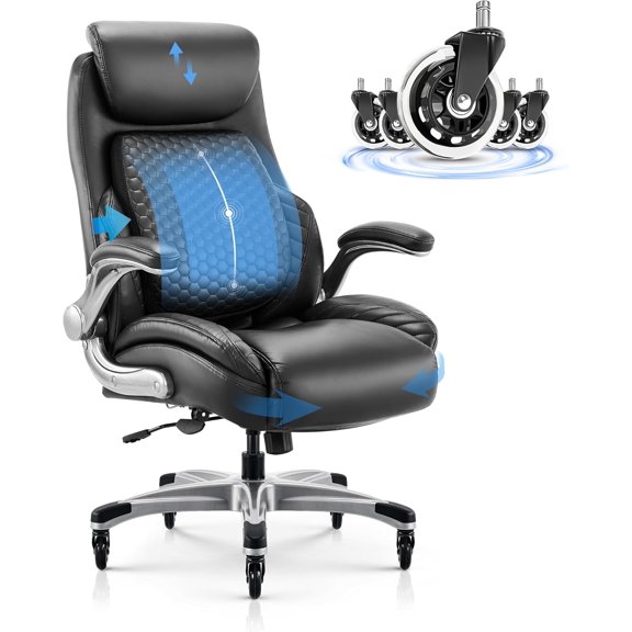 Office Ergonomic Desk High Back Executive Chair with Pop-Out Lumbar Support, Upgraded Casters, Adjustable Headrest, Flip-Up Arms, Leather Home with Thick Cushion for Comfort - Black