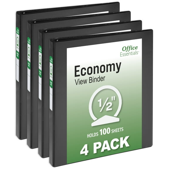 Office Essentials Economy View 3 Ring Binders, 0.5" Round Rings, 0.7" Spine, 100-Sheet Capacity, Black Binders (4-Pack of 03125)