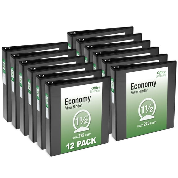 Office Essentials Economy View 3 Ring Binders, 1.5" Round Rings, 2.1" Spine, 275-Sheet Capacity, Black Binders (12-Pack of 03427)