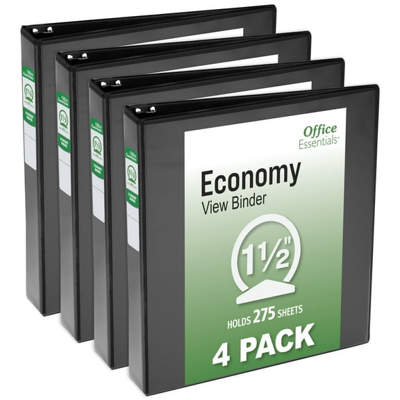 Office Essentials Economy View 3 Ring Binders, 1.5" Round Rings, 2.1" Spine, 275-Sheet Capacity, Black Binders (4-Pack of 03129)