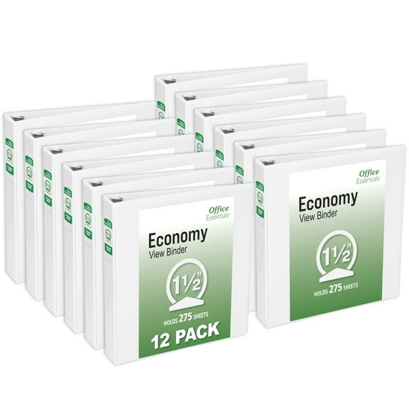 Office Essentials Economy View 3 Ring Binders, 1.5" Round Rings, 2.1" Spine, 275-Sheet Capacity, White Binders (12-Pack of 03426)