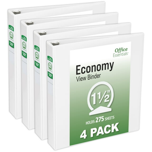 Office Essentials Economy View 3 Ring Binders, 1.5" Round Rings, 2.1" Spine, 275-Sheet Capacity, White Binders (4-Pack of 03128)