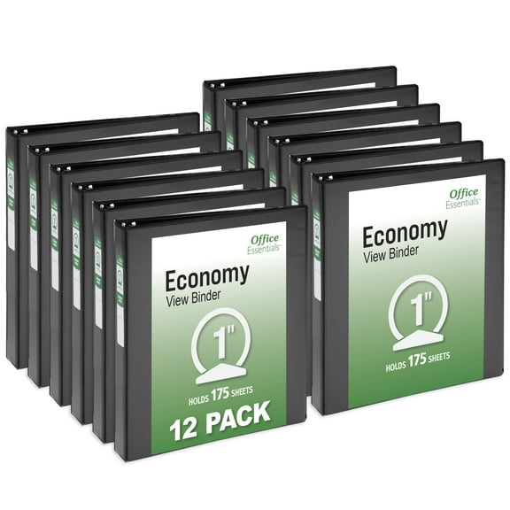 Office Essentials Economy View 3 Ring Binders, 1" Round Rings, 1.4" Spine, 175-Sheet Capacity, Black Binders (12-Pack of 03425)