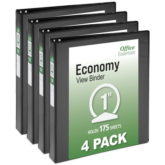 Office Essentials Economy View 3 Ring Binders, 1" Round Rings, 1.4" Spine, 175-Sheet Capacity, Black Binders (4-Pack of 03127)