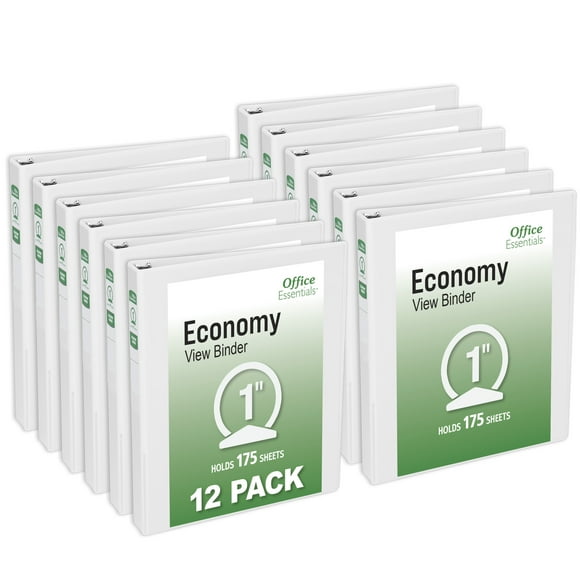 Office Essentials Economy View 3 Ring Binders, 1" Round Rings, 1.4" Spine, 175-Sheet Capacity, White Binders (12-Pack of 03424)