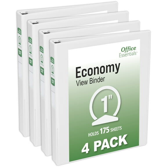 Office Essentials Economy View 3 Ring Binders, 1" Round Rings, 1.4" Spine, 175-Sheet Capacity, White Binders (4-Pack of 03126)