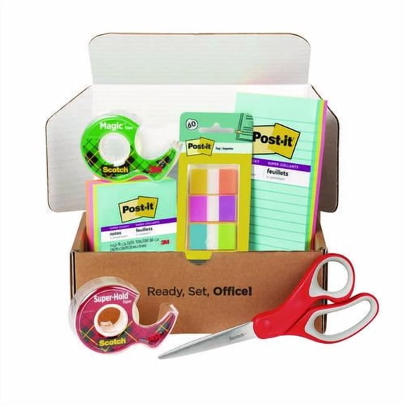 Office Essentials Kit, 7 Pads Assorted Super Sticky Notes, 1 Pack Flags, Roll Magic Tape, Roll Super | Bundle of 10