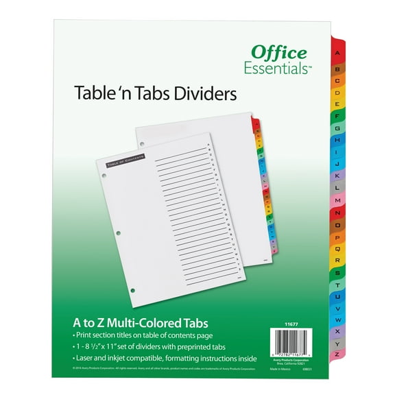 Office Essentials Table & Tabs Dividers with Multicolor Tabs, "A-Z" Tab, 1 Set (11677)