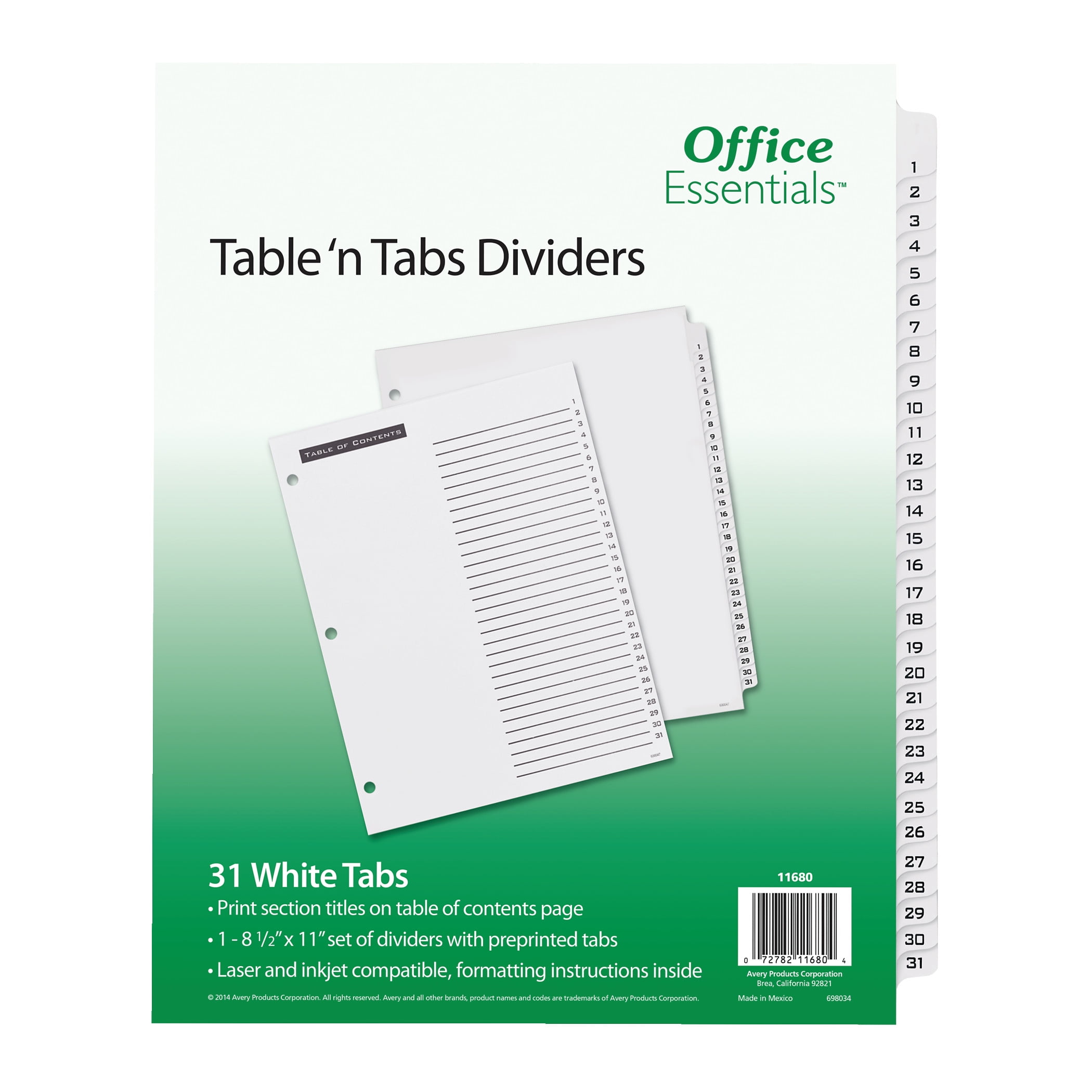 Office Essentials Table & Tabs Dividers with White Tabs, 1-31 Tab, 1 Set (11680)