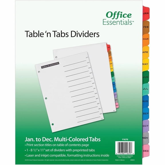 Office Essentials Table & Tabs Jan-Dec Dividers, 12-Tabs, White Body, Multicolored Tabs, 1 Binder Divider Set (11679)