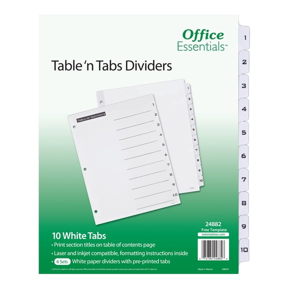 Office Essentials Table 'n Tabs Dividers, 1-10 Black & White Tabs, 6 Sets (24882)
