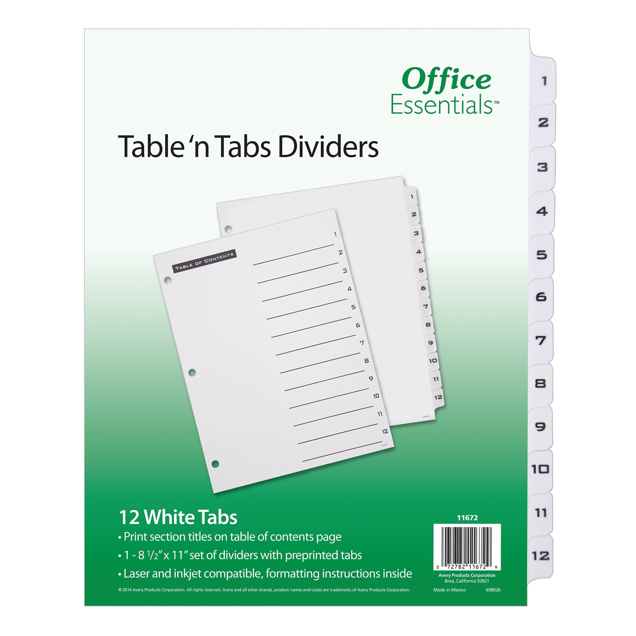 Office Essentials Table 'n Tabs Dividers with White Tabs, 1-12 Tab, 1 ...