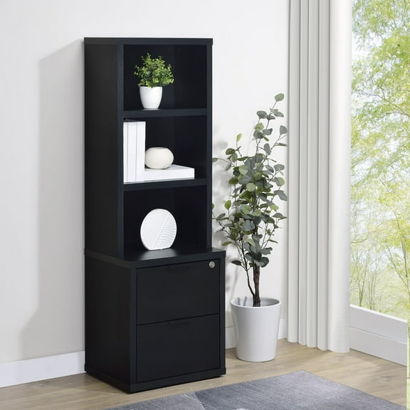 Office File Cabinets Geary Black 3-shelf Bookcase USB and Lockable Drawer,Metal File Cabinets